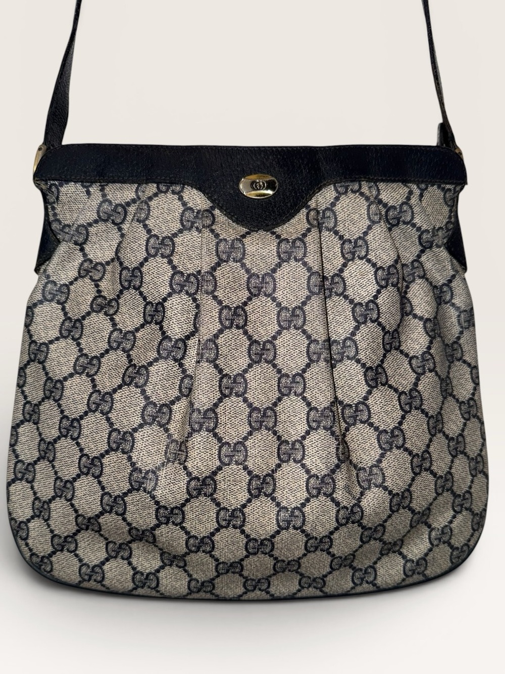Gucci GG Shoulder Bag, Gray Coated Canvas with Navy Trim